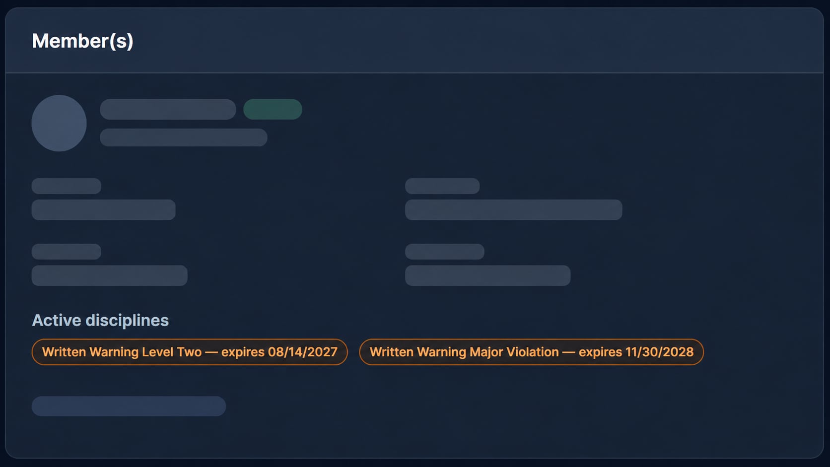 RepliaOS screenshot showing active discipline listed on a person summary as shown within a matter.