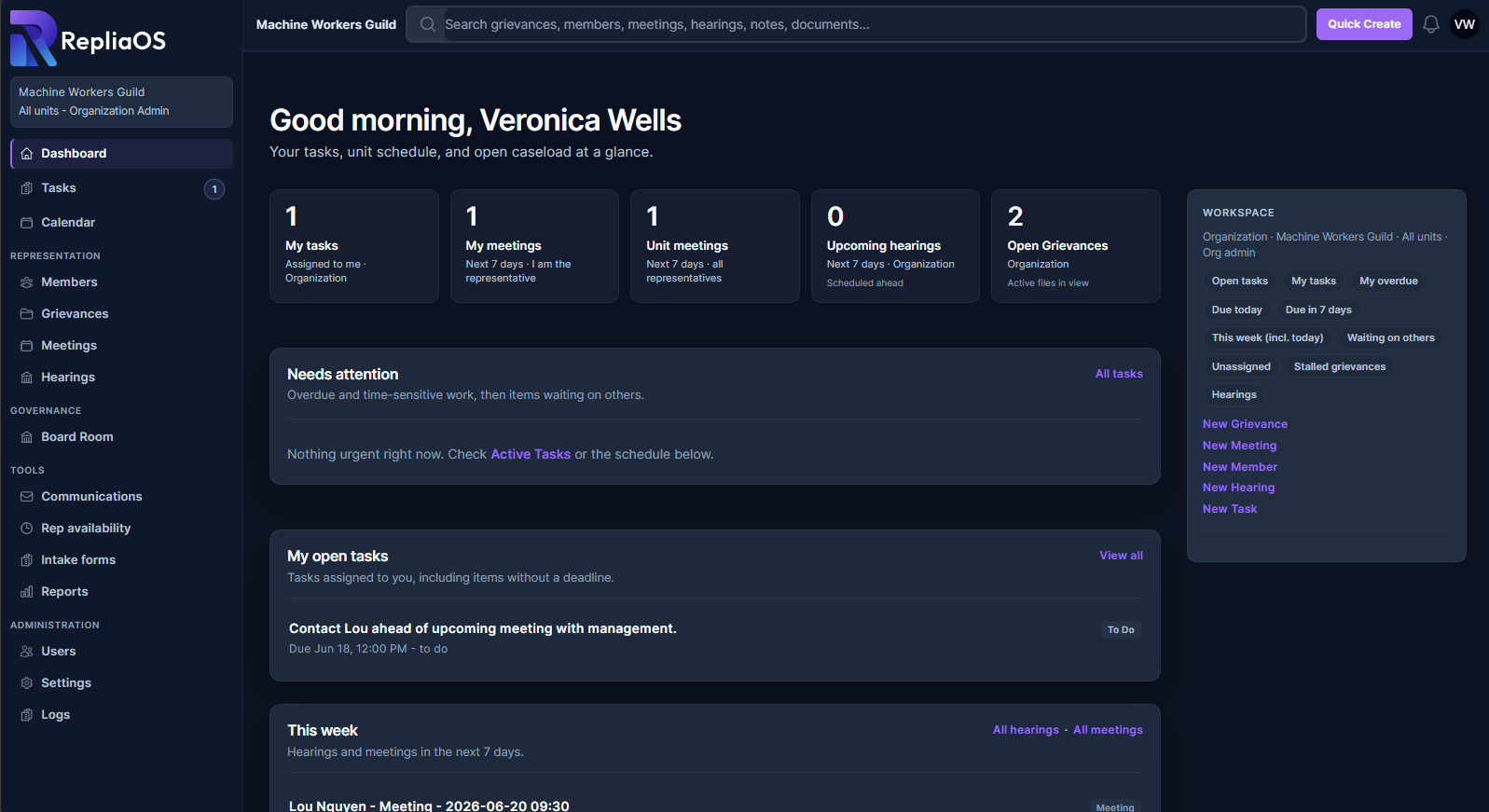 RepliaOS dashboard showing an overview of the program, including statistic widgets, navigation menu, and upcoming tasks. 