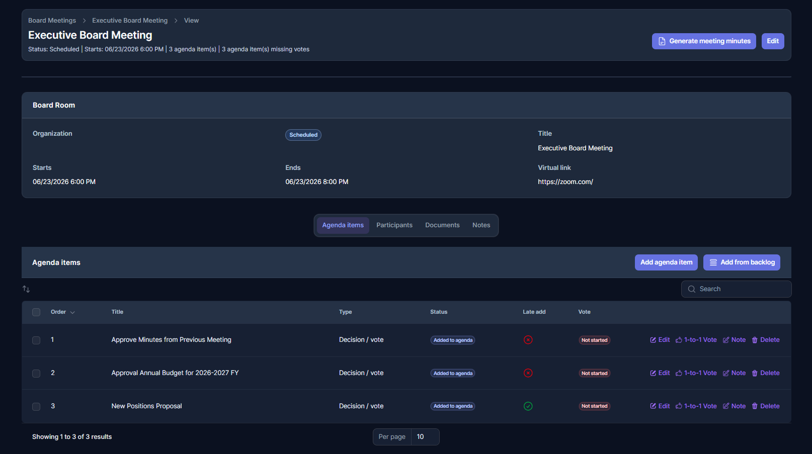 RepliaOS screenshot displaying the board room feature showing a board meeting with multiple agenda items. A "generate meeting minutes" button appears at the top of the page.