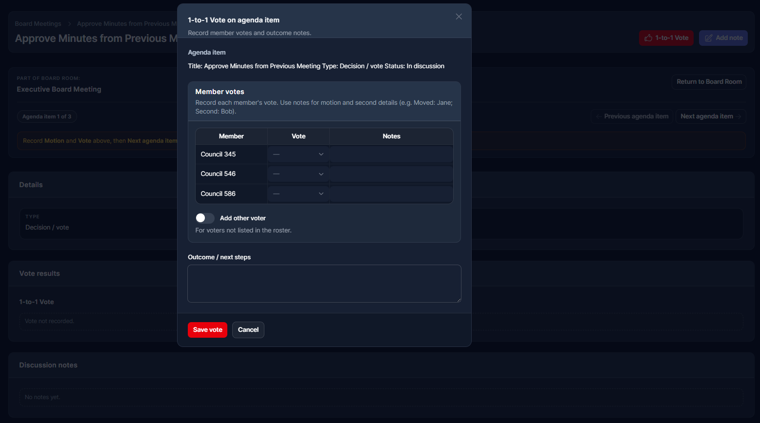 RepliaOS screenshot showing a vote modal prepared to record the vote on an agenda item.