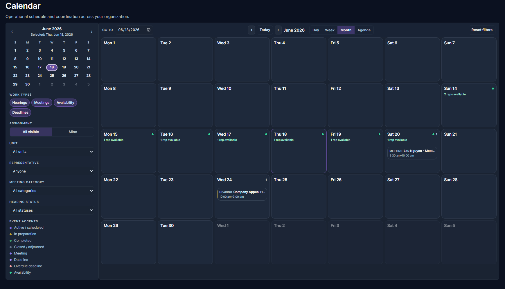 RepliaOS screenshot showing a monthly calendar with meetings and hearings scheduled, sort and filter options.