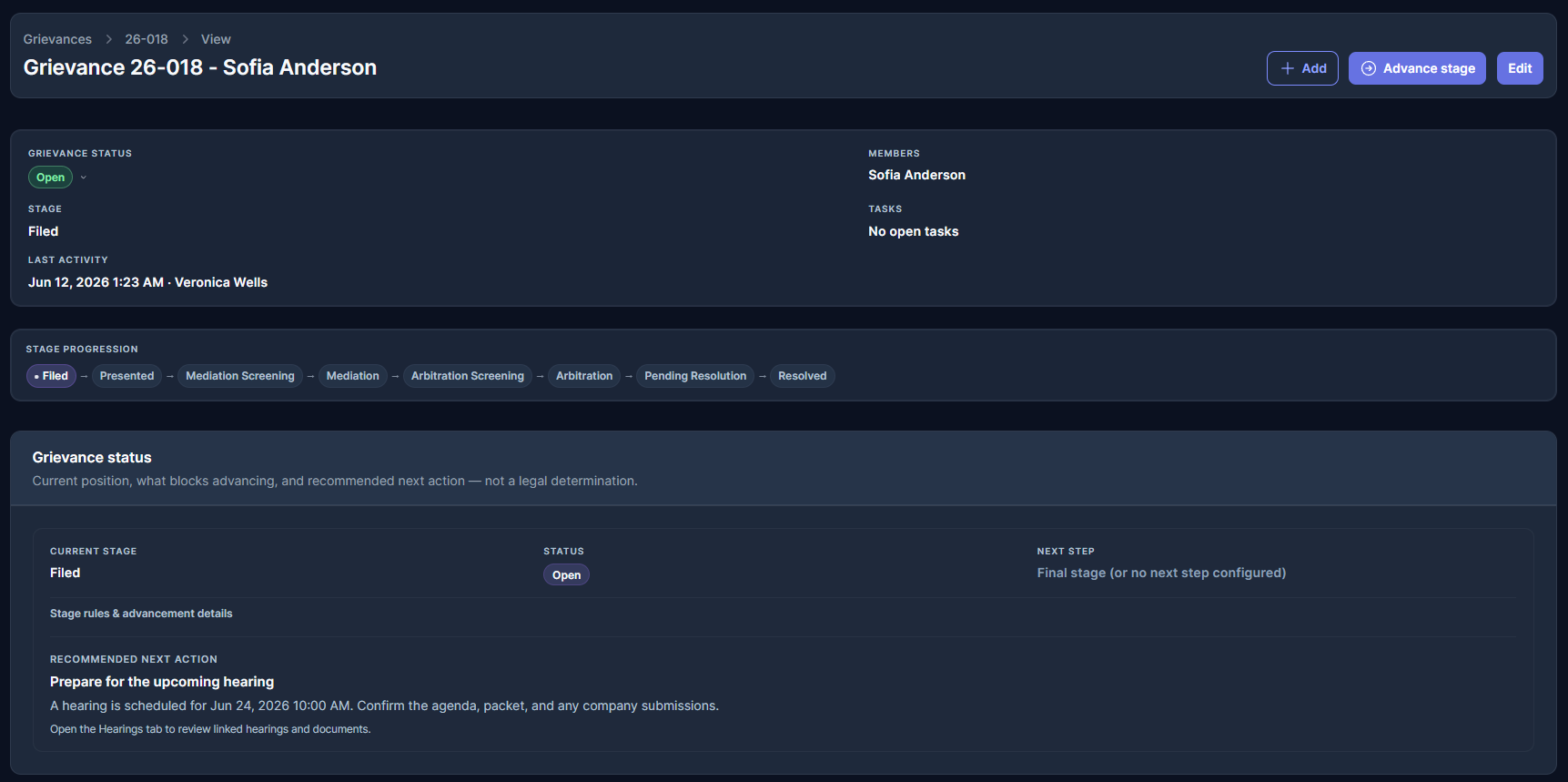 RepliaOS grievance detail view showing an overview of the open grievance with the current stage and important information.
