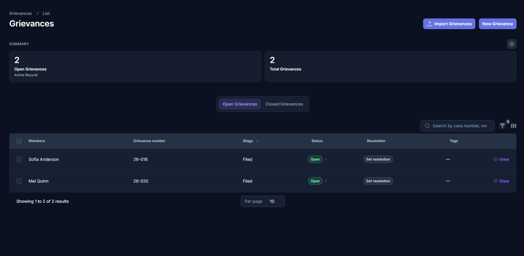 RepliaOS grievance dashboard showing stat cards and open grievances.