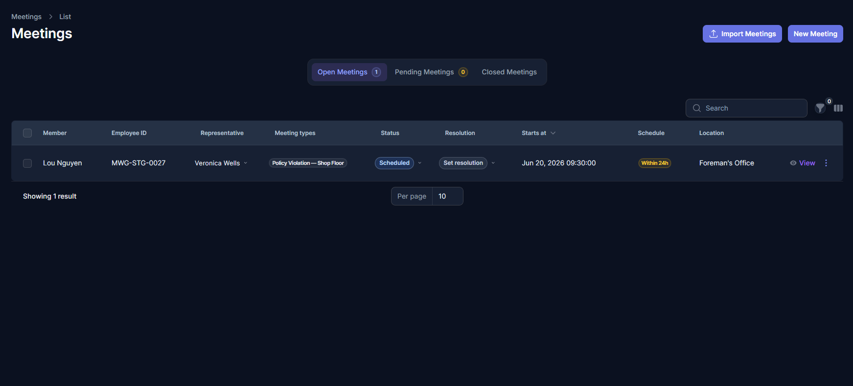 RepliaOS screenshot showing listed upcoming meetings with tabs for open meetings, pending meetings, and closed meetings.