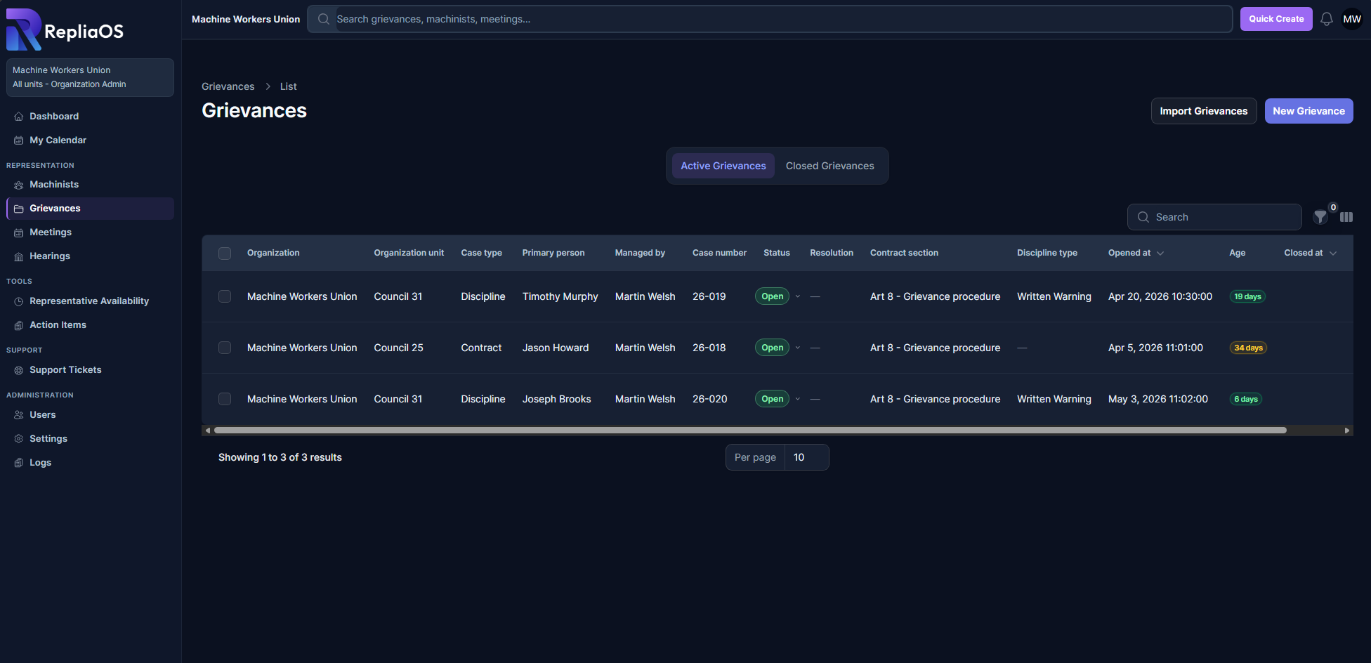RepliaOS matter list view for queue management across multiple open matters