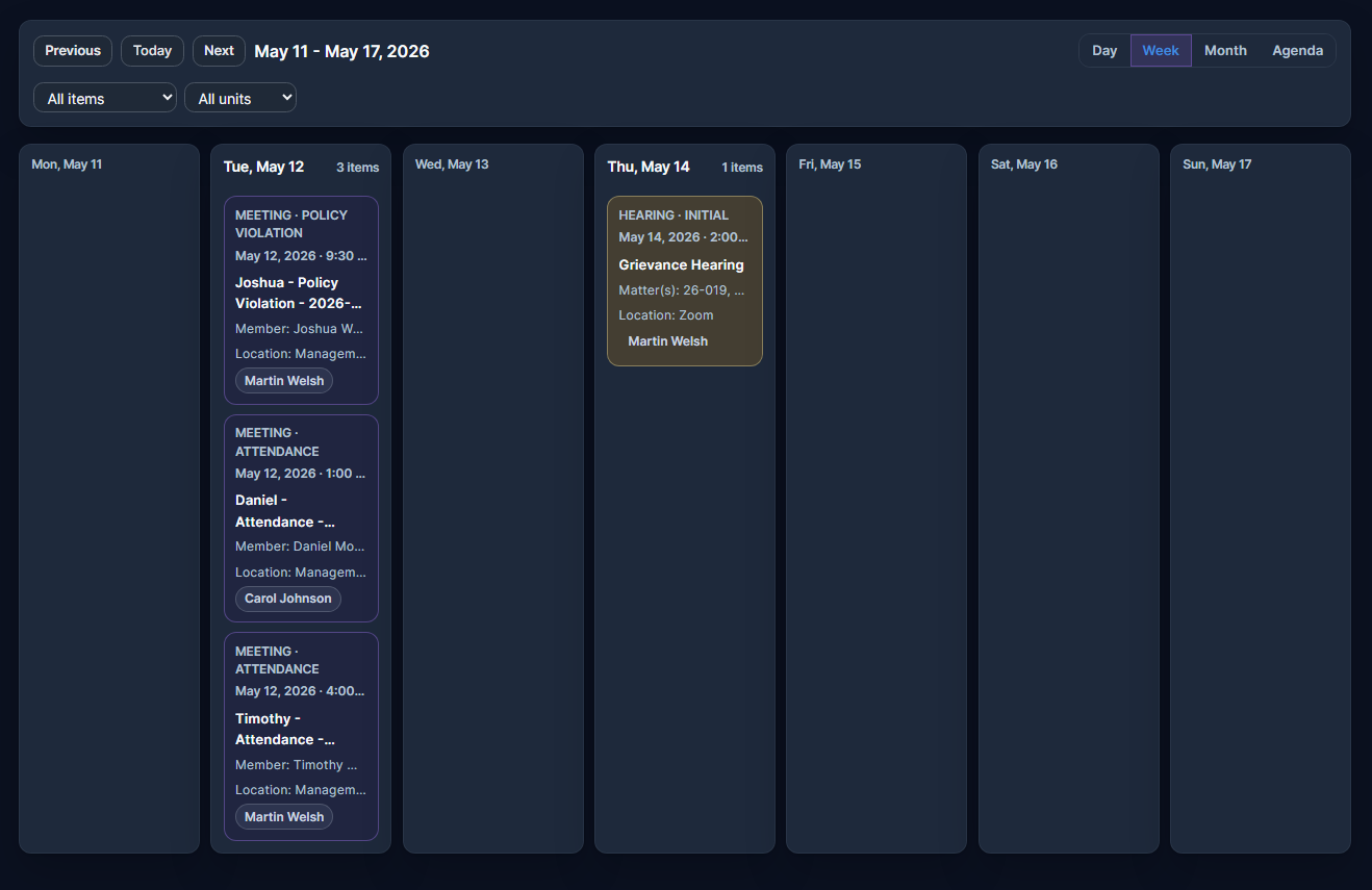 RepliaOS calendar view with coordinated events and deadlines