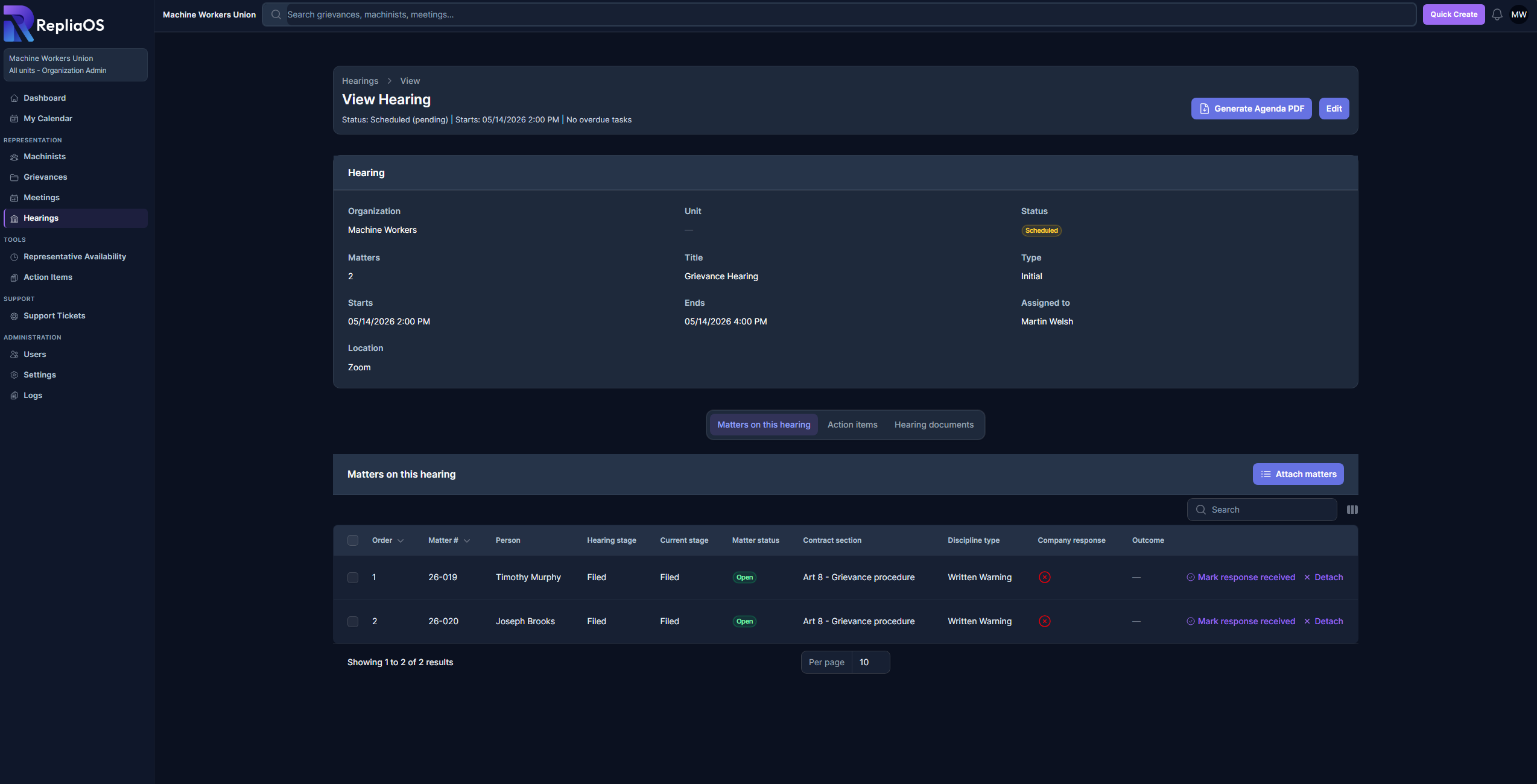 RepliaOS hearing view showing hearing context, linked records, and agenda workflow details